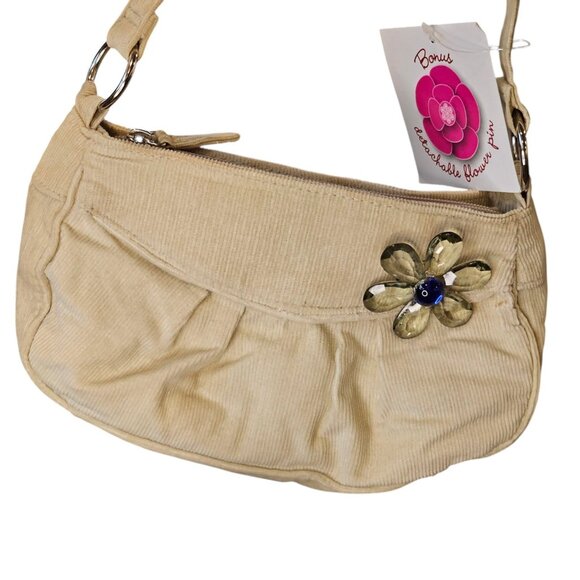 Y2K Tan Corduroy Shoulder Bag Small Beige NWT With Flower Brooch Neutral Mini - Picture 2 of 11